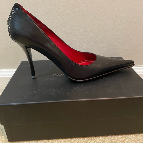 Gianmarco Lorenzi Pointed Black Heels with Cross Stitch Design on Back - Picture 7 of 7